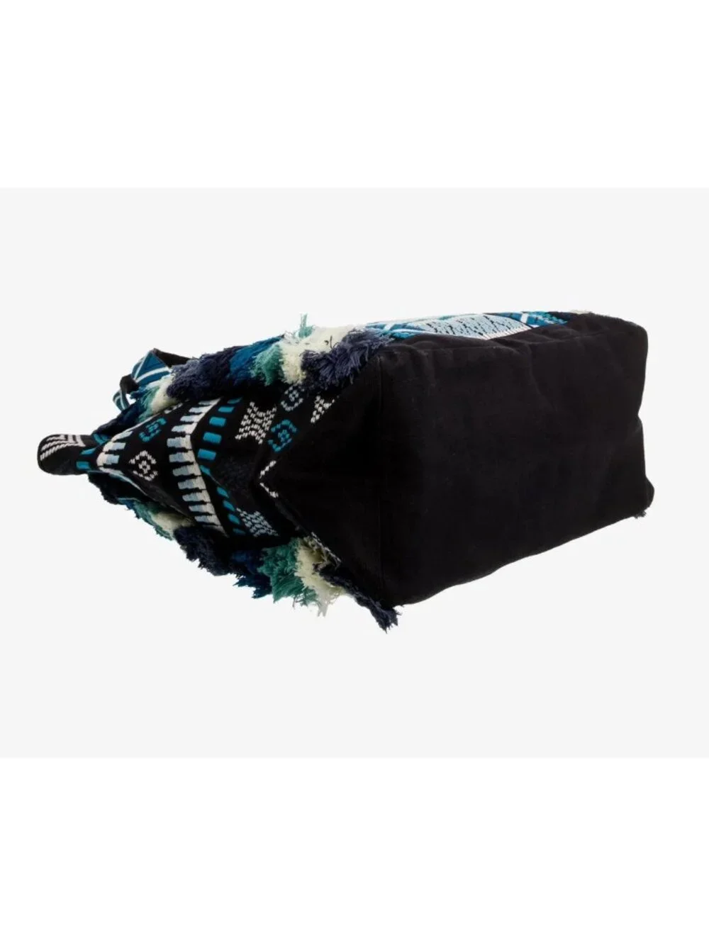 NWOT Figue boho designer Blue Black XL Woven Tote, Fringe & Pom Poms